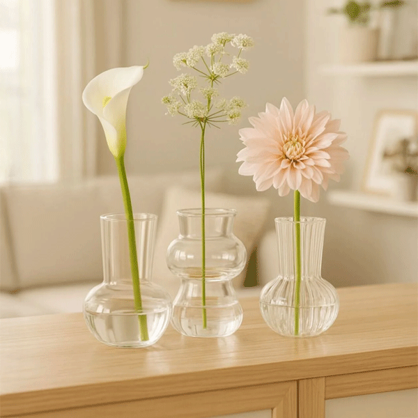İskandinav Vazo Seti, Modern Minimal Dekoratif 3'lü Set, Isıya Dayanıklı Borosilikat Cam
