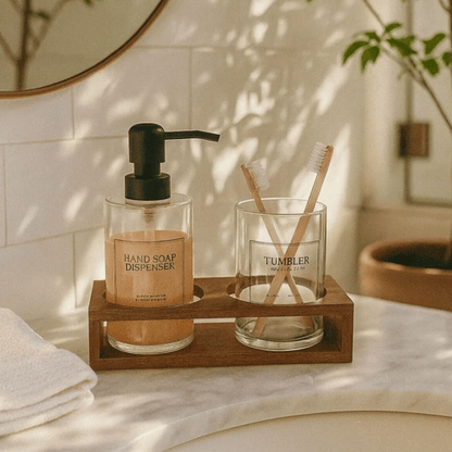 Akasya Stantlı Tumbler Cam Sabunluk ve Diş Fırçalık Seti, Banyo Sıvı Sabunluk 430ml