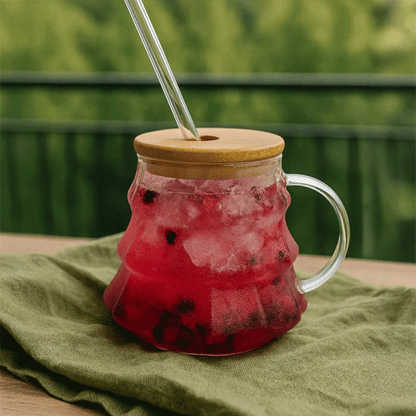 Çam Ağacı Model Borosilikat Cam Bardak, 400 ml Kulplu Cam Kupa, Pipet Hediyeli