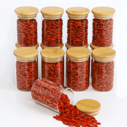 Borosilikat Baharatlık Seti, 12'li Set, Saklama Kabı, Bambu Kapak, 200ml