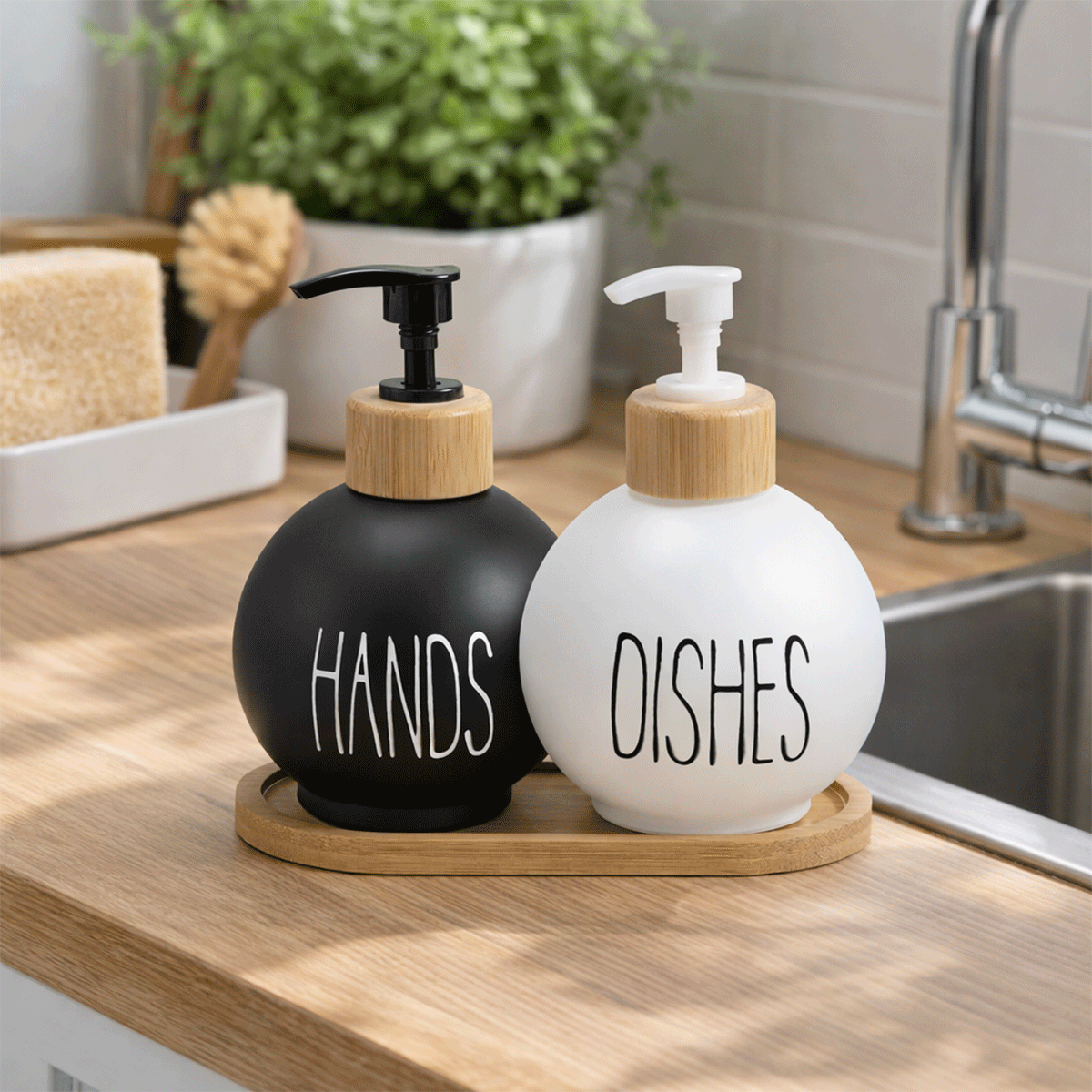 Bambu Stantlı Top Model Cam Sabunluk, Hands & Dishes 500 ml Sıvı Sabunluk Seti