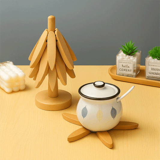 Bambu Nihale Seti, Standlı 4'lü Isıya Dayanıklı Bardak ve Tencere Altı Katlanır Nihale