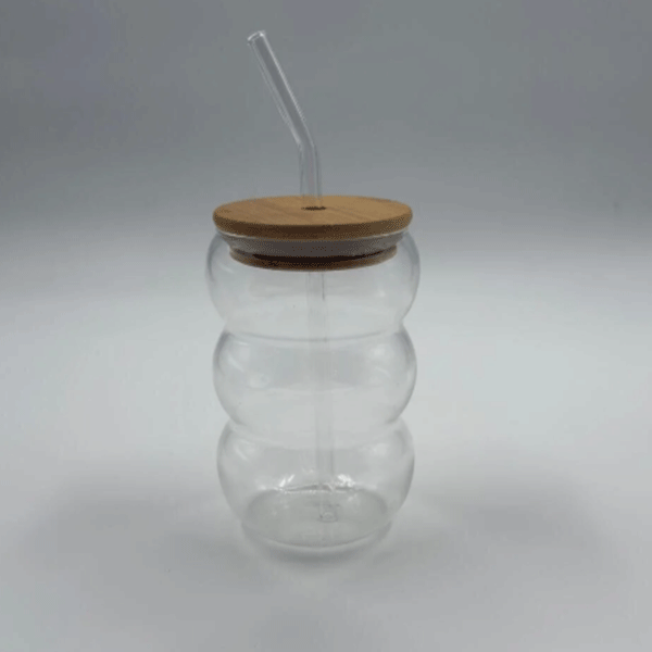 Bubble Borosilikat Cam Bardak – Isıya Dayanıklı 600 ml - Bambu Kapaklı