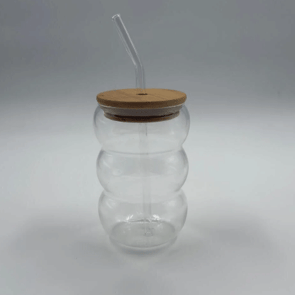Bubble Borosilikat Cam Bardak – Isıya Dayanıklı 600 ml - Bambu Kapaklı