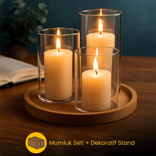 Dekoratif 4'lü Set, Bambu Sunumluk ve 3'lü Mumluk Seti, Isıya Dayanıklı Borosilikat Cam Mumluklar