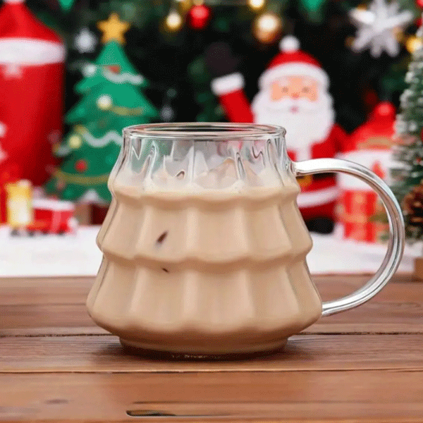 Çam Ağacı Model Borosilikat Cam Bardak, 400 ml Kulplu Cam Kupa, Pipet Hediyeli