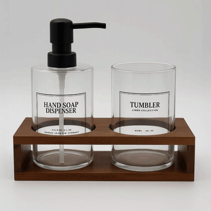 Akasya Stantlı Tumbler Cam Sabunluk ve Diş Fırçalık Seti, Banyo Sıvı Sabunluk 430ml