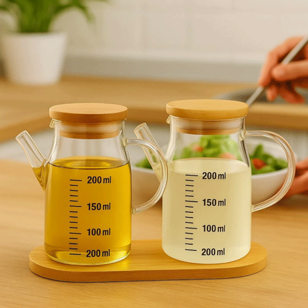 Mini Yağdanlık ve Sosluk Seti, Bambu Stantlı ve Vakumlu Bambu Kapaklı, 2'li 200 Ml Salata Seti