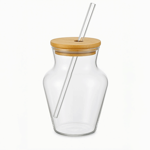 Chubby Borosilikat Cam Bardak – 500 ml - Bambu Kapaklı
