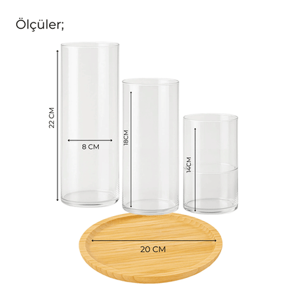 Dekoratif 4'lü Set, Bambu Sunumluk ve 3'lü Mumluk Seti, Isıya Dayanıklı Borosilikat Cam Mumluklar