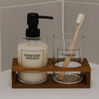 Akasya Stantlı Tumbler Cam Sabunluk ve Diş Fırçalık Seti, Banyo Sıvı Sabunluk 430ml