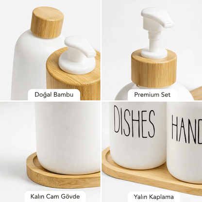 Bambu Standlı 2’li Cam Sıvı Sabunluk Seti 550 ml | Hands & Dishes Yazılı | Mutfak ve Banyo İçin Doğal Bambu Organizer