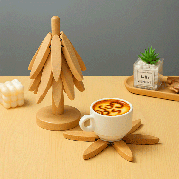 Bambu Nihale Seti, Standlı 4'lü Isıya Dayanıklı Bardak ve Tencere Altı Katlanır Nihale