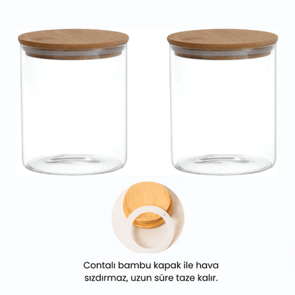 Borosilikat Baharatlık Seti, 12'li Set, Saklama Kabı, Bambu Kapak, 200ml
