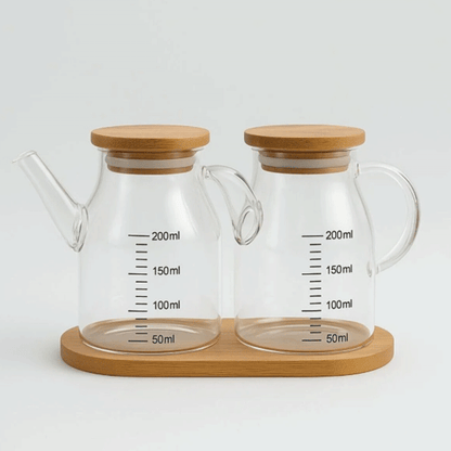 Mini Yağdanlık ve Sosluk Seti, Bambu Stantlı ve Vakumlu Bambu Kapaklı, 2'li 200 Ml Salata Seti