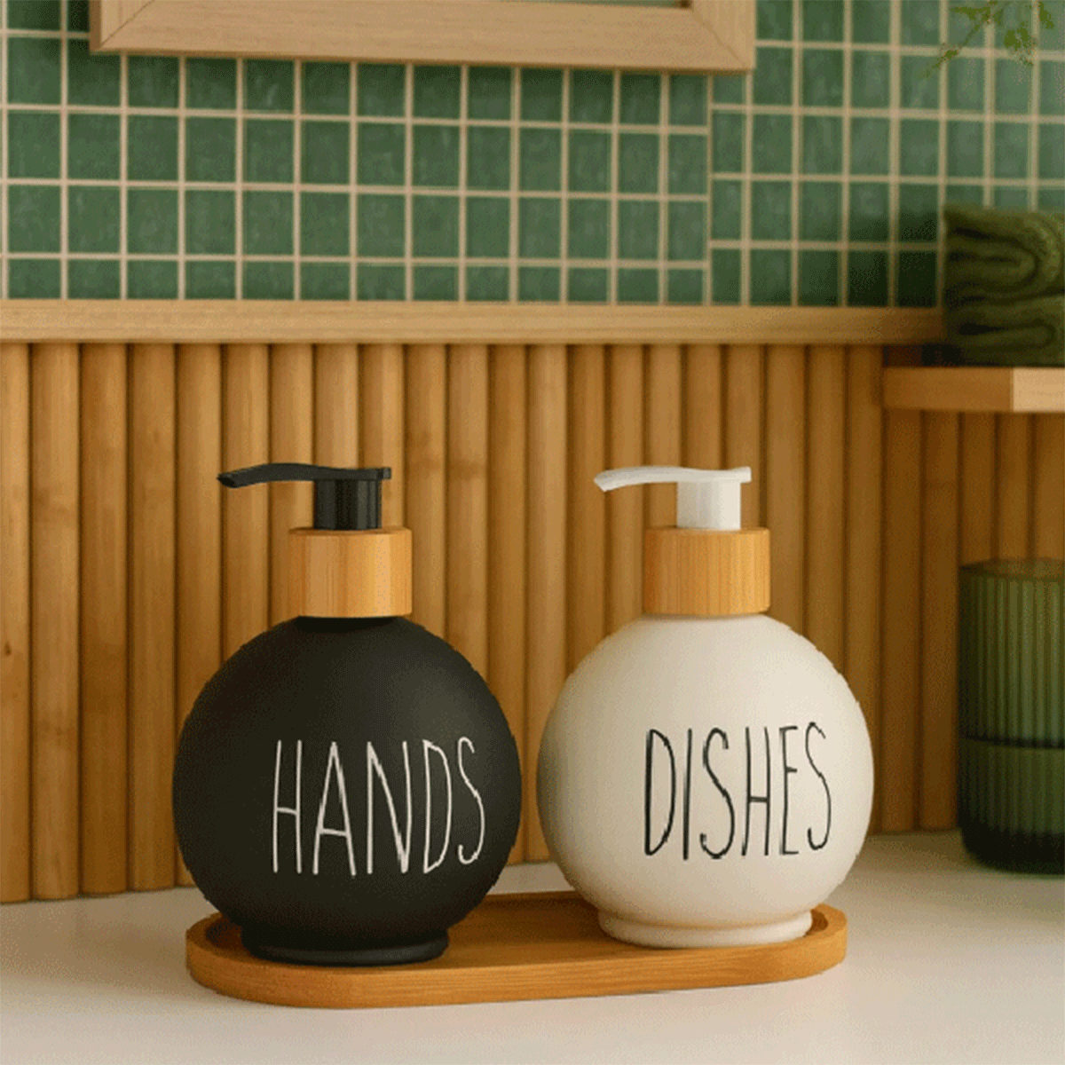 Bambu Stantlı Top Model Cam Sabunluk, Hands & Dishes 500 ml Sıvı Sabunluk Seti