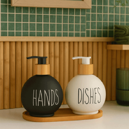 Bambu Stantlı Top Model Cam Sabunluk, Hands & Dishes 500 ml Sıvı Sabunluk Seti