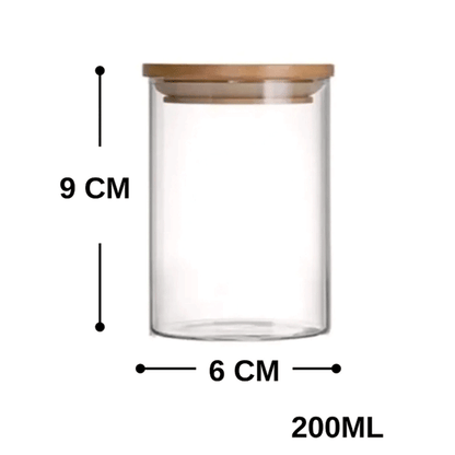Borosilikat Baharatlık Seti, 12'li Set, Saklama Kabı, Bambu Kapak, 200ml