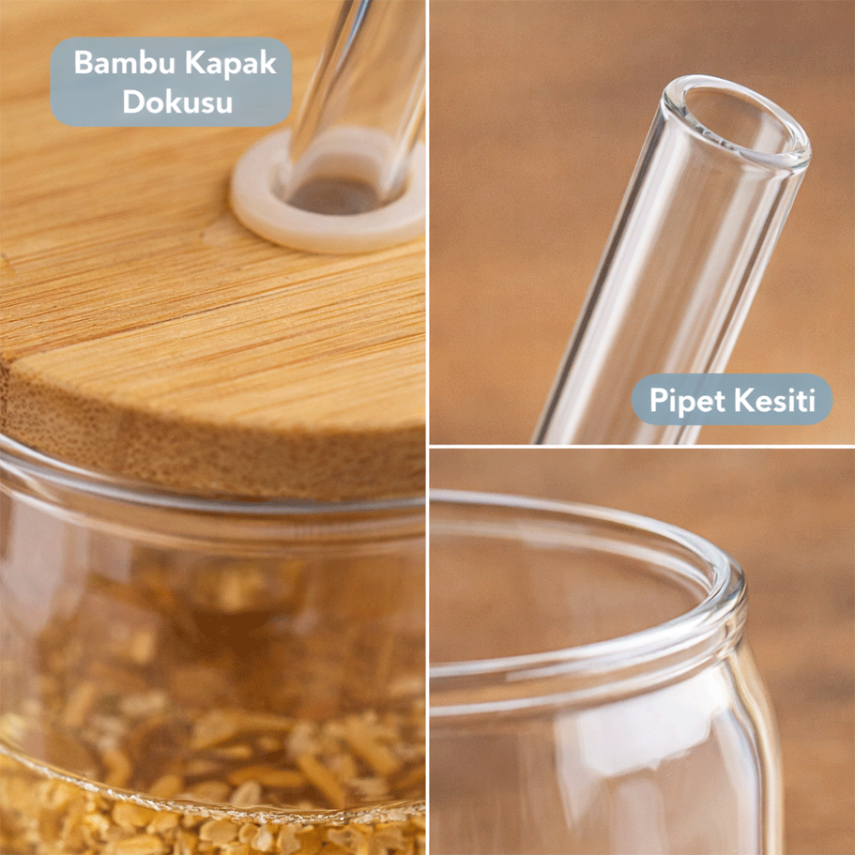 600 ml Bambu Kapaklı Pipetli Borosilikat Sunum Bardağı, Kahve Bardağı, Isı Dayanıklı Bardak Coollime