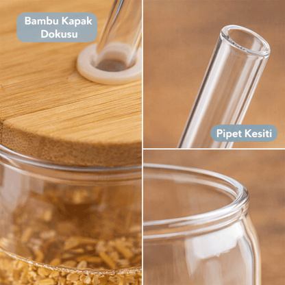 600 ml Bambu Kapaklı Pipetli Borosilikat Sunum Bardağı, Kahve Bardağı, Isı Dayanıklı Bardak Coollime
