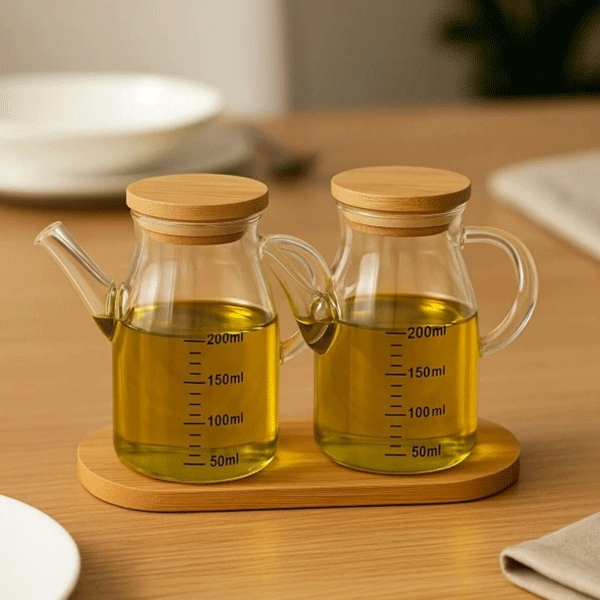 Mini Yağdanlık ve Sosluk Seti, Bambu Stantlı ve Vakumlu Bambu Kapaklı, 2'li 200 Ml Salata Seti