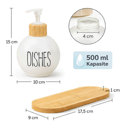 Bambu Stantlı Top Model Cam Sabunluk, Hands & Dishes 500 ml Sıvı Sabunluk Seti