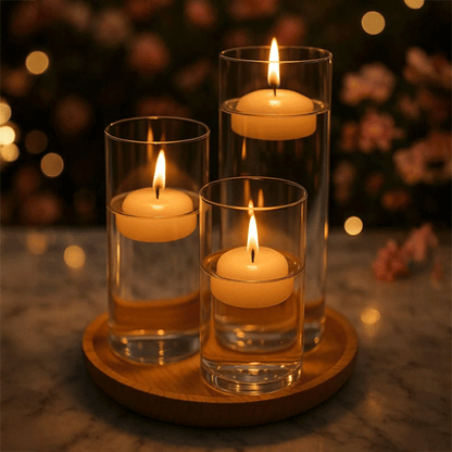 Dekoratif 4'lü Set, Bambu Sunumluk ve 3'lü Mumluk Seti, Isıya Dayanıklı Borosilikat Cam Mumluklar