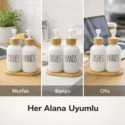 Bambu Standlı 2’li Cam Sıvı Sabunluk Seti 550 ml | Hands & Dishes Yazılı | Mutfak ve Banyo İçin Doğal Bambu Organizer