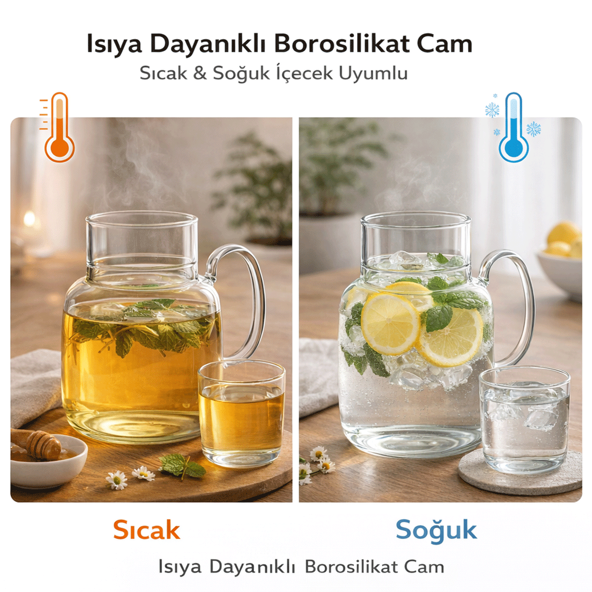 Bardaklı Borosilikat Cam Sürahi Seti – 1.5 Lt | Kulplu, Isıya Dayanıklı, Modern Tasarım
