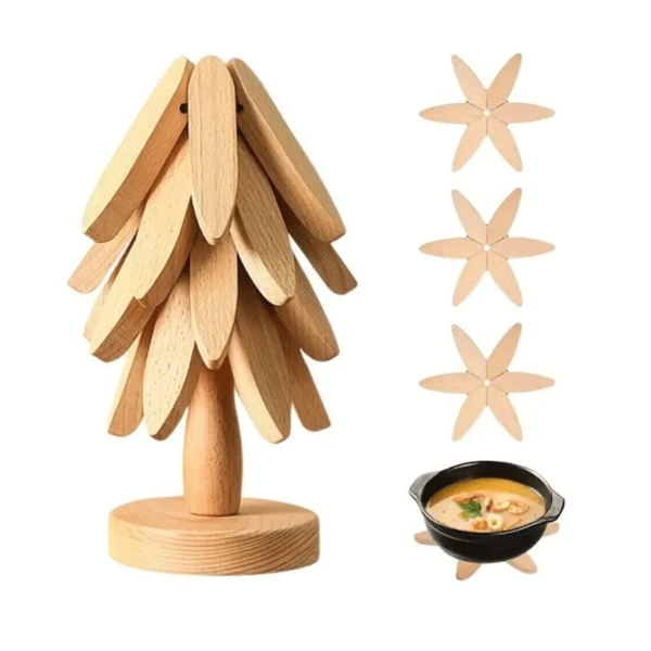 Bambu Nihale Seti, Standlı 4'lü Isıya Dayanıklı Bardak ve Tencere Altı Katlanır Nihale