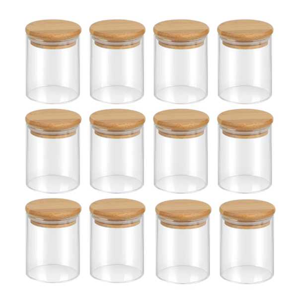 Borosilikat Baharatlık Seti, 12'li Set, Saklama Kabı, Bambu Kapak, 200ml
