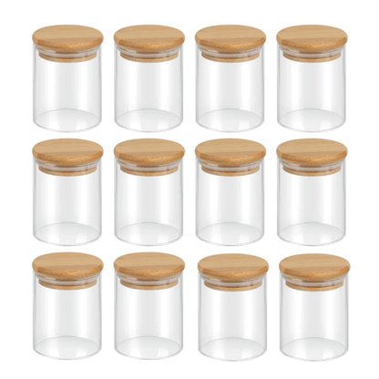 Borosilikat Baharatlık Seti, 12'li Set, Saklama Kabı, Bambu Kapak, 200ml