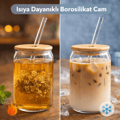 600 ml Bambu Kapaklı Pipetli Borosilikat Sunum Bardağı, Kahve Bardağı, Isı Dayanıklı Bardak Coollime