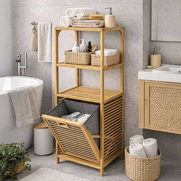 Bambu Kirli Sepetli Dolap – 3 Katlı Banyo Dolabı & Çamaşır Sepeti (98 x 39 x 22 cm)