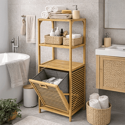 Bambu Kirli Sepetli Dolap – 3 Katlı Banyo Dolabı & Çamaşır Sepeti (98 x 39 x 22 cm)