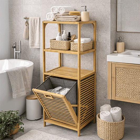 Bambu Kirli Sepetli Dolap – 3 Katlı Banyo Dolabı & Çamaşır Sepeti (98 x 39 x 22 cm)