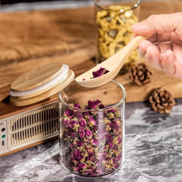 Borosilikat Baharatlık Seti, 12'li Set, Saklama Kabı, Bambu Kapak, 200ml