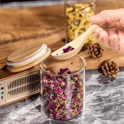 Borosilikat Baharatlık Seti, 12'li Set, Saklama Kabı, Bambu Kapak, 200ml