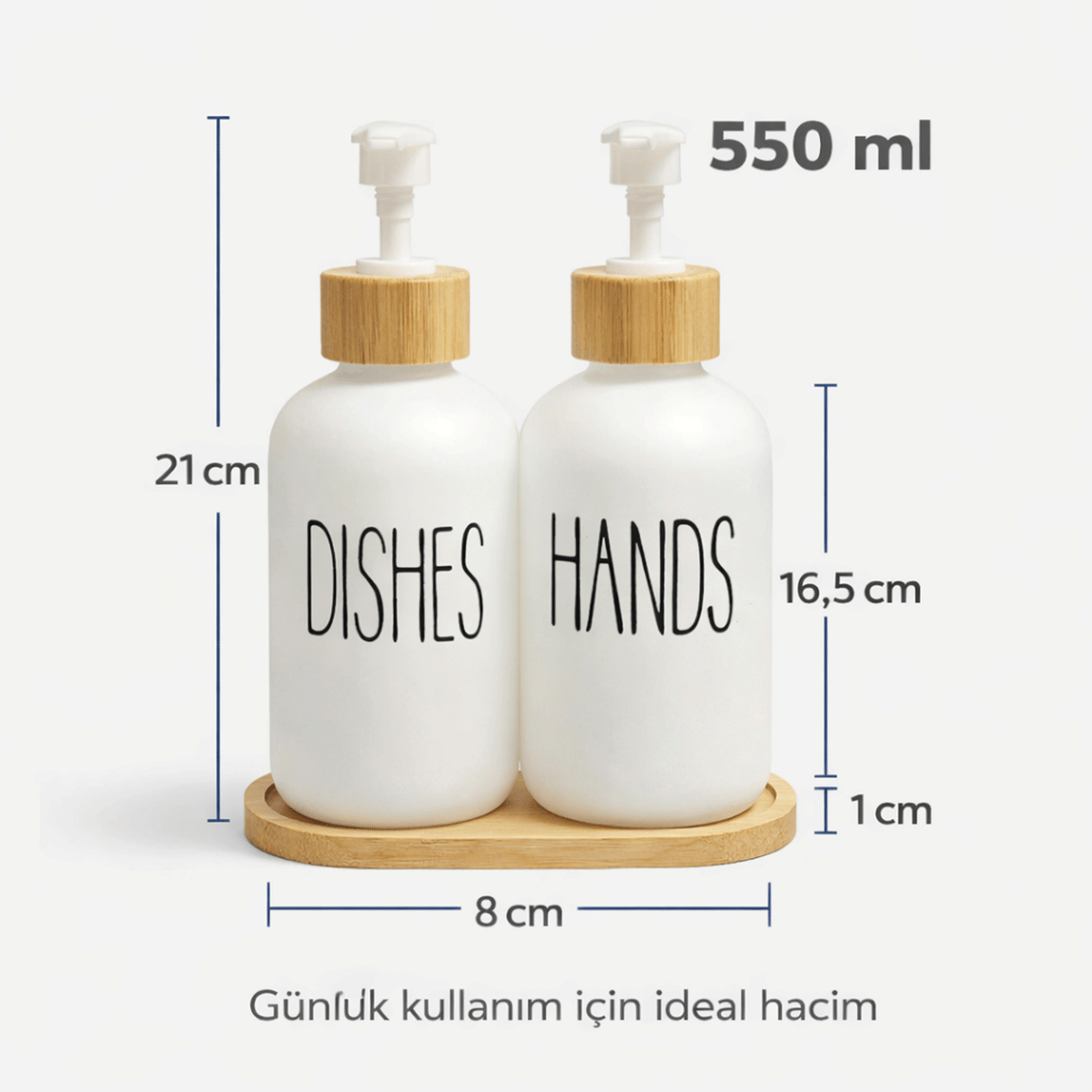 Bambu Standlı 2’li Cam Sıvı Sabunluk Seti 550 ml | Hands & Dishes Yazılı | Mutfak ve Banyo İçin Doğal Bambu Organizer