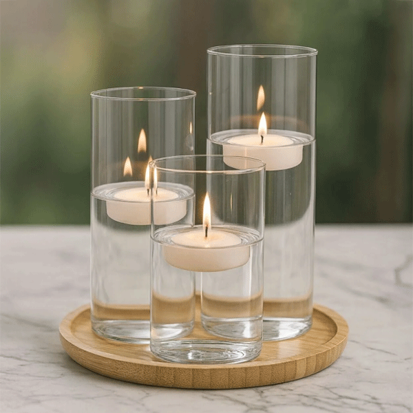 Dekoratif 4'lü Set, Bambu Sunumluk ve 3'lü Mumluk Seti, Isıya Dayanıklı Borosilikat Cam Mumluklar