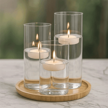 Dekoratif 4'lü Set, Bambu Sunumluk ve 3'lü Mumluk Seti, Isıya Dayanıklı Borosilikat Cam Mumluklar