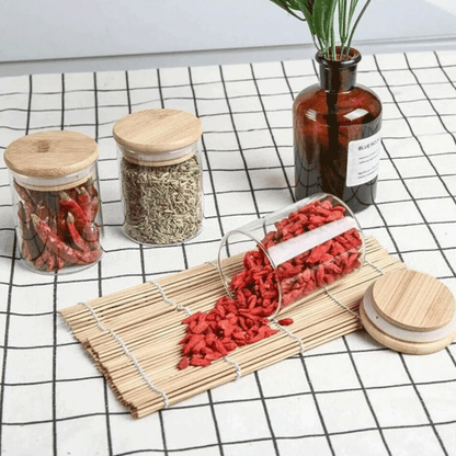 Borosilikat Baharatlık Seti, 12'li Set, Saklama Kabı, Bambu Kapak, 200ml