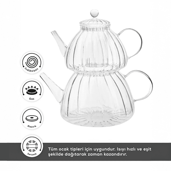 Modern Borosilikat Isıya Dayanıklı Cam Çaydanlık Takımı 600 ml + 1000 ml - erkugo. dekoratif, işlevsel.