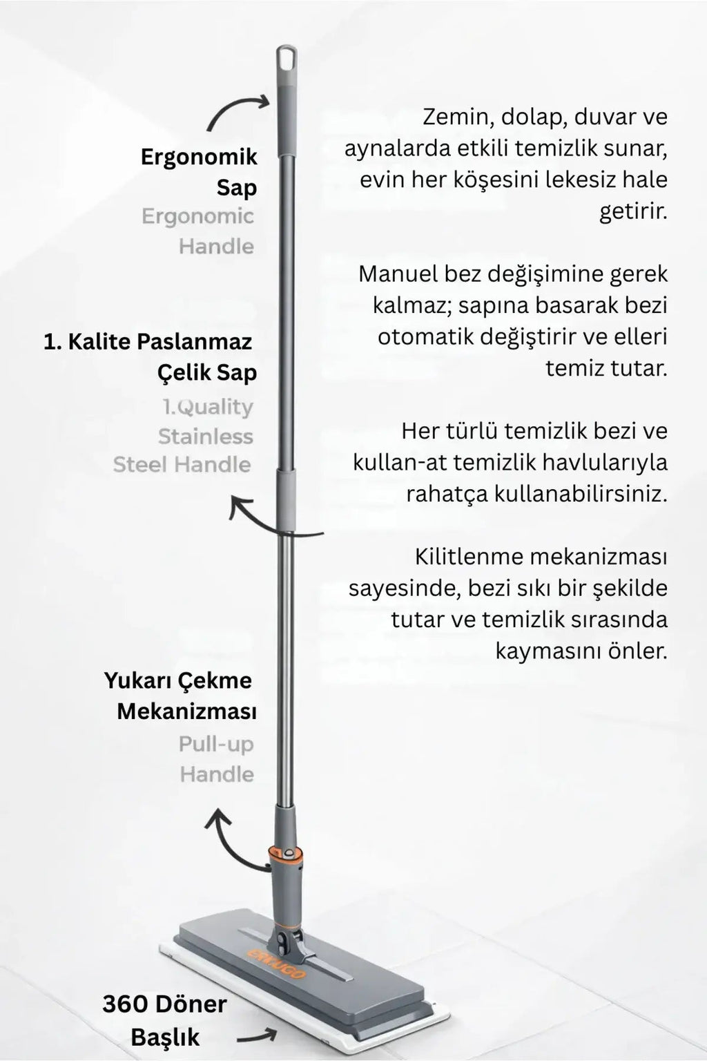 One Touch Mop, Otomatik Bez Kilitleme Mekanizmalı Kolay Mop - erkugo. dekoratif, işlevsel.