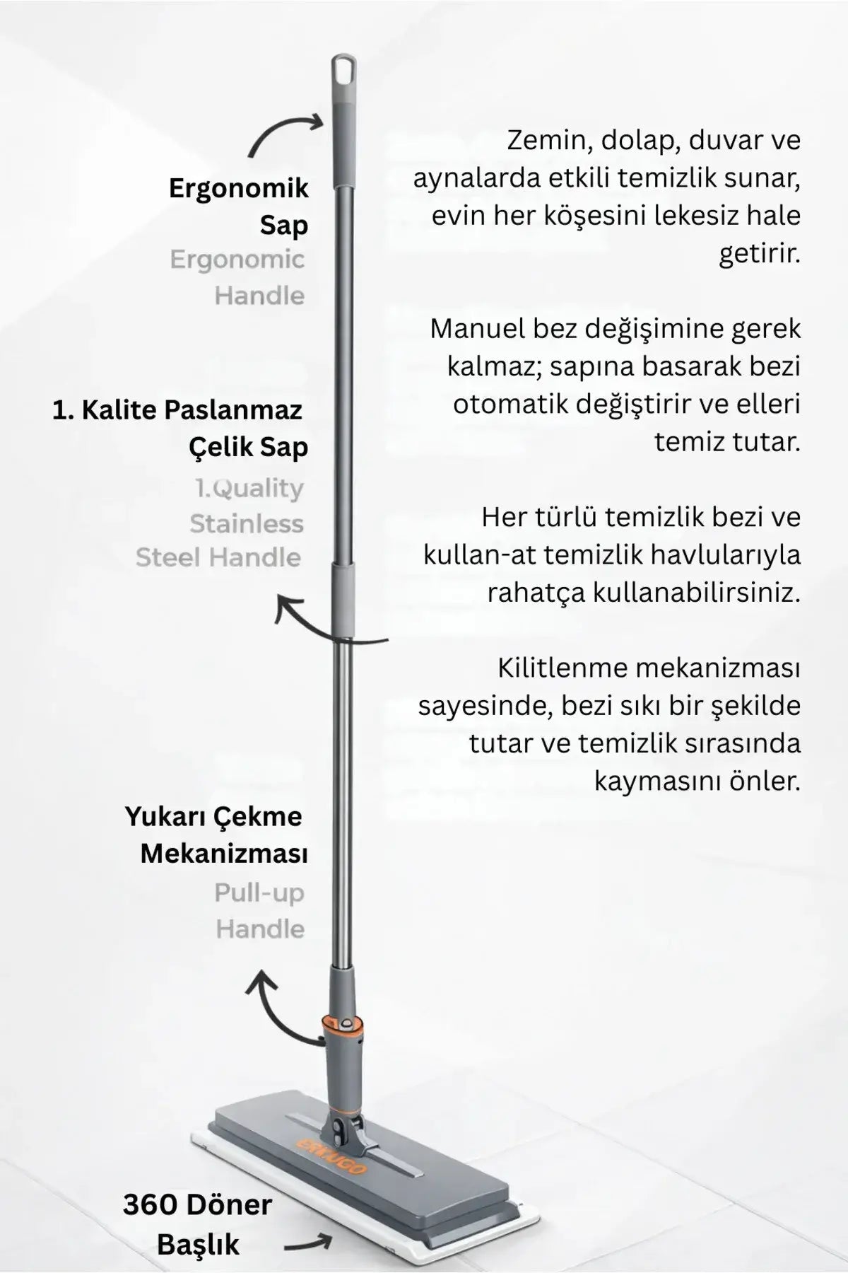 One Touch Mop, Otomatik Bez Kilitleme Mekanizmalı Kolay Mop - erkugo. dekoratif, işlevsel.