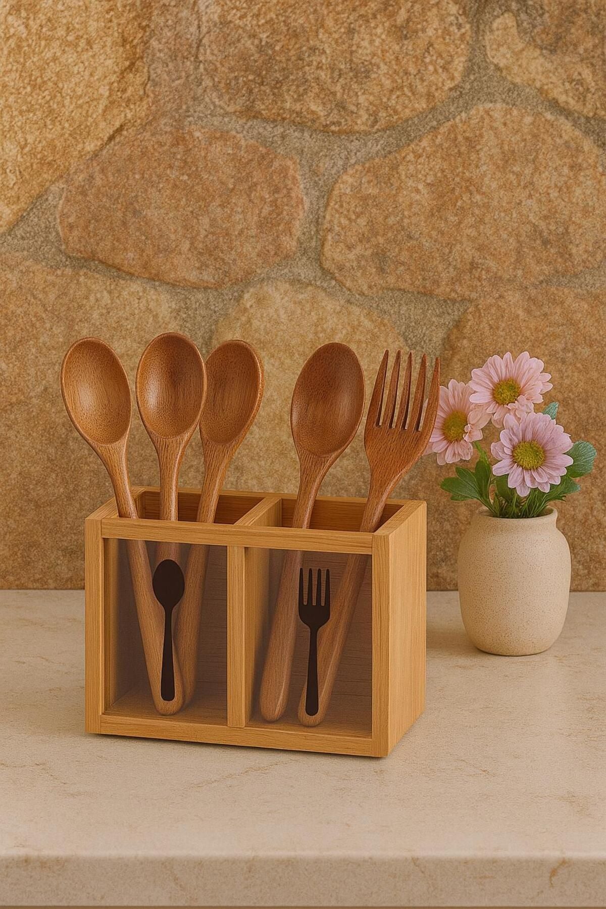 Bambu Ikili Kaşıklık Kutusu, Bambu Çatal Kaşıklık (5X13CM)