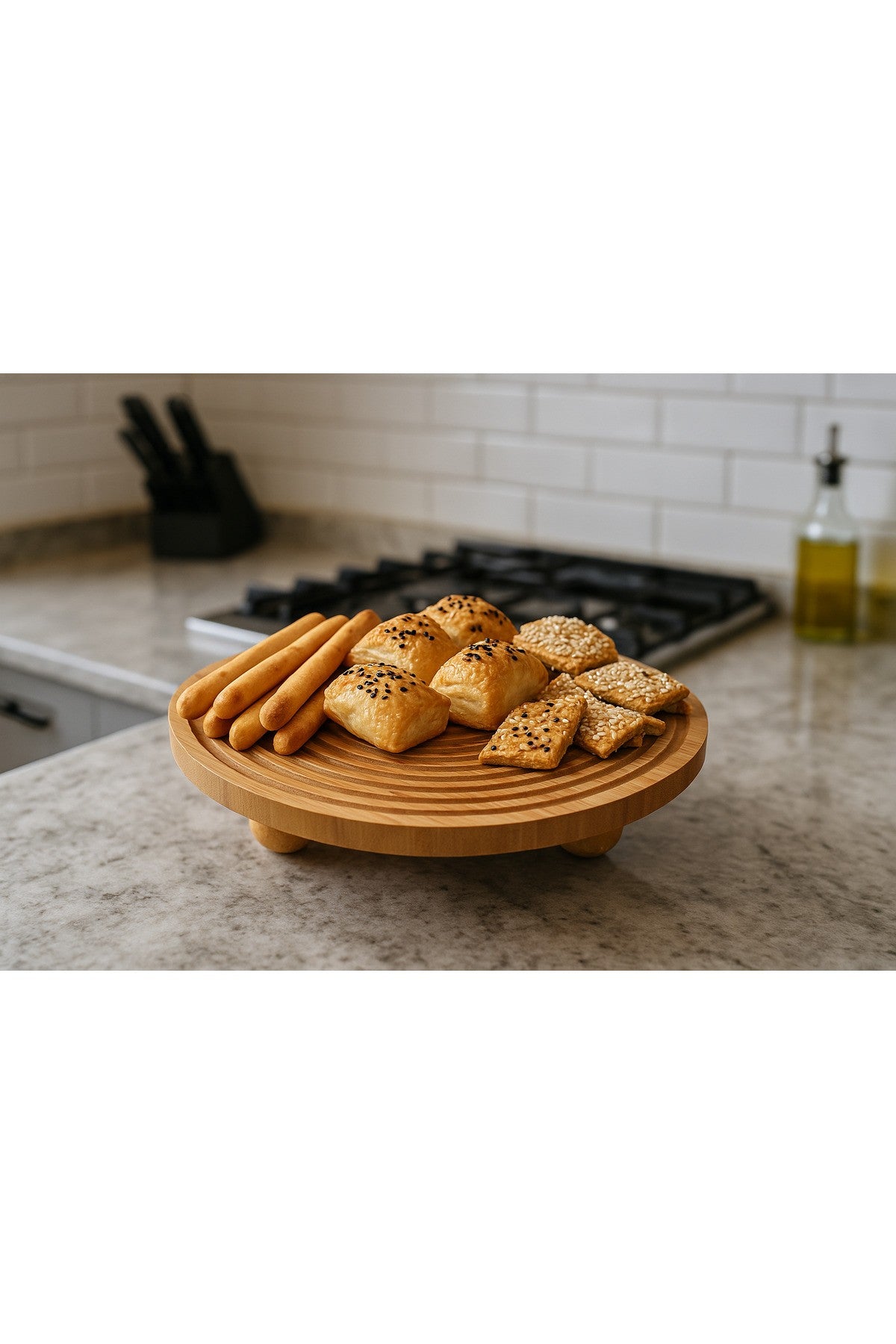 Bambu Dekoratif Top Ayaklı Yuvarlak Sunum Tabağı, Servis Tabağı, (28 X 28 cm)