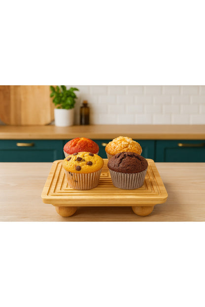 Bambu Dekoratif Top Ayaklı Sunum Tabağı, Servis Tabağı, (28 X 28 cm)