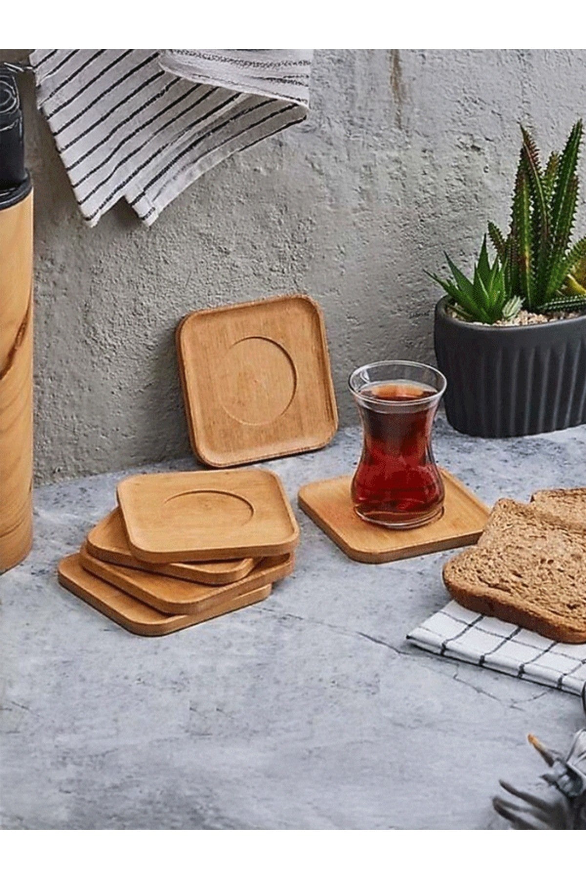 6’lı Bambu Kare Çay Tabağı Seti 10x10 cm – Doğal Ahşap Görünümlü Servis Tabakları