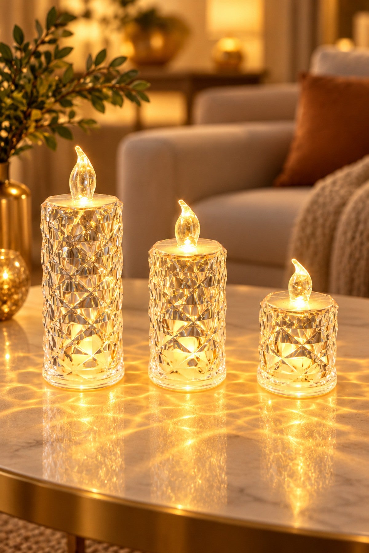 3'lü Kristal Görünümlü LED Mum Seti - 5,5 cm Çap